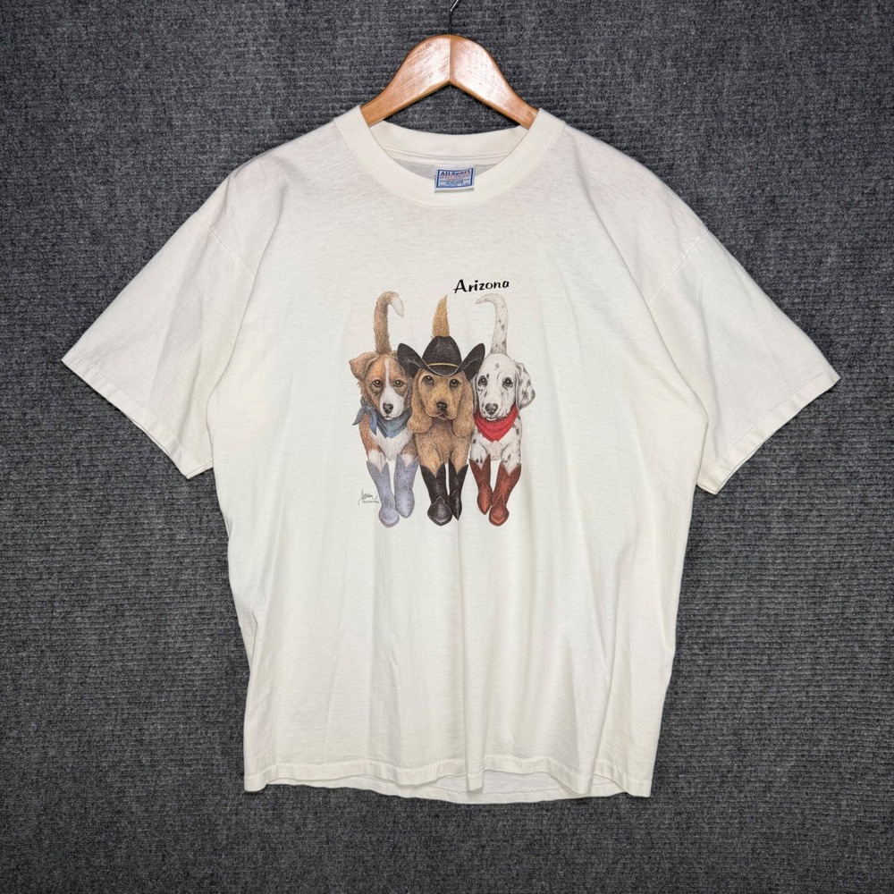 Vintage All Sport Arizona Dogs in Cowboy Boots T-Shirt XL Cream Double Sided